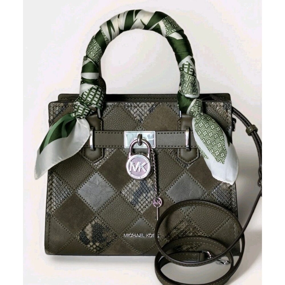Michael Kors Hamilton Small Patchwork Satchel Olive Green Bag With Scarf